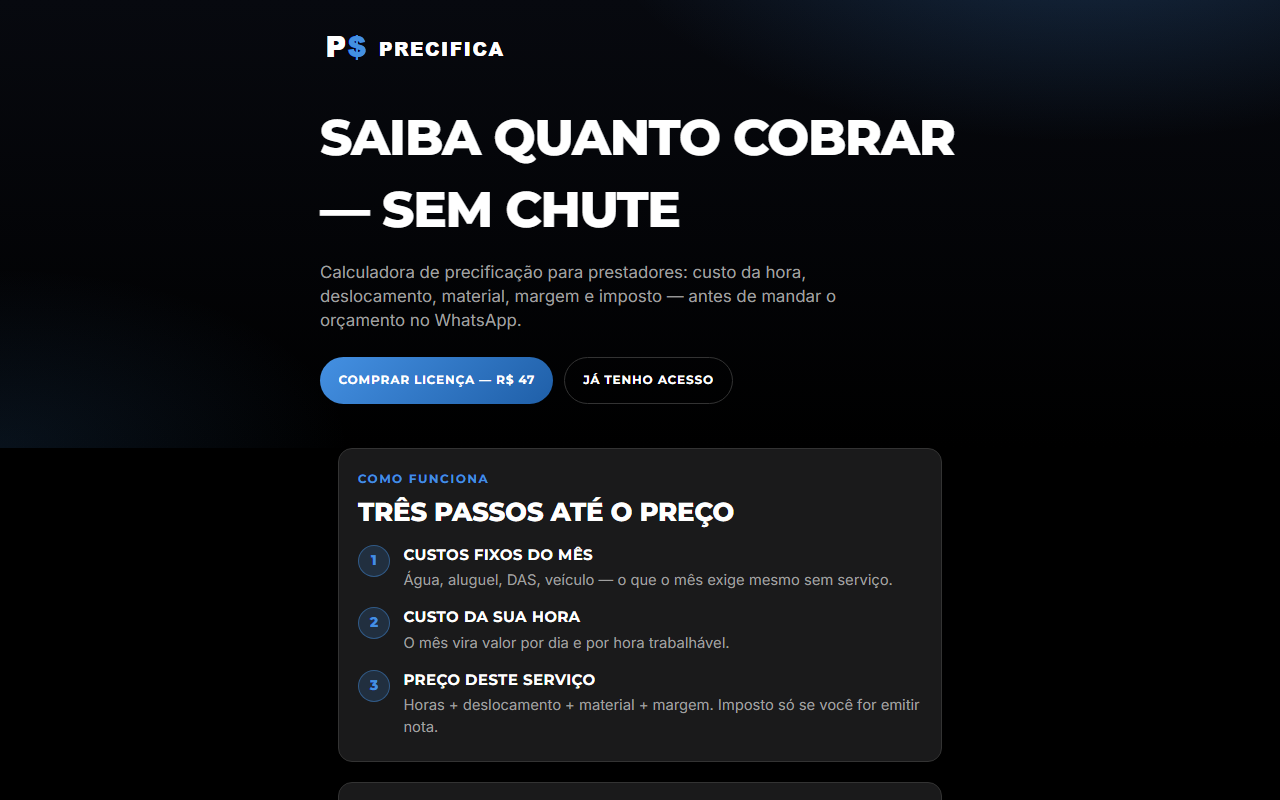 Exemplo de interface Precifica — demonstração de capacidade